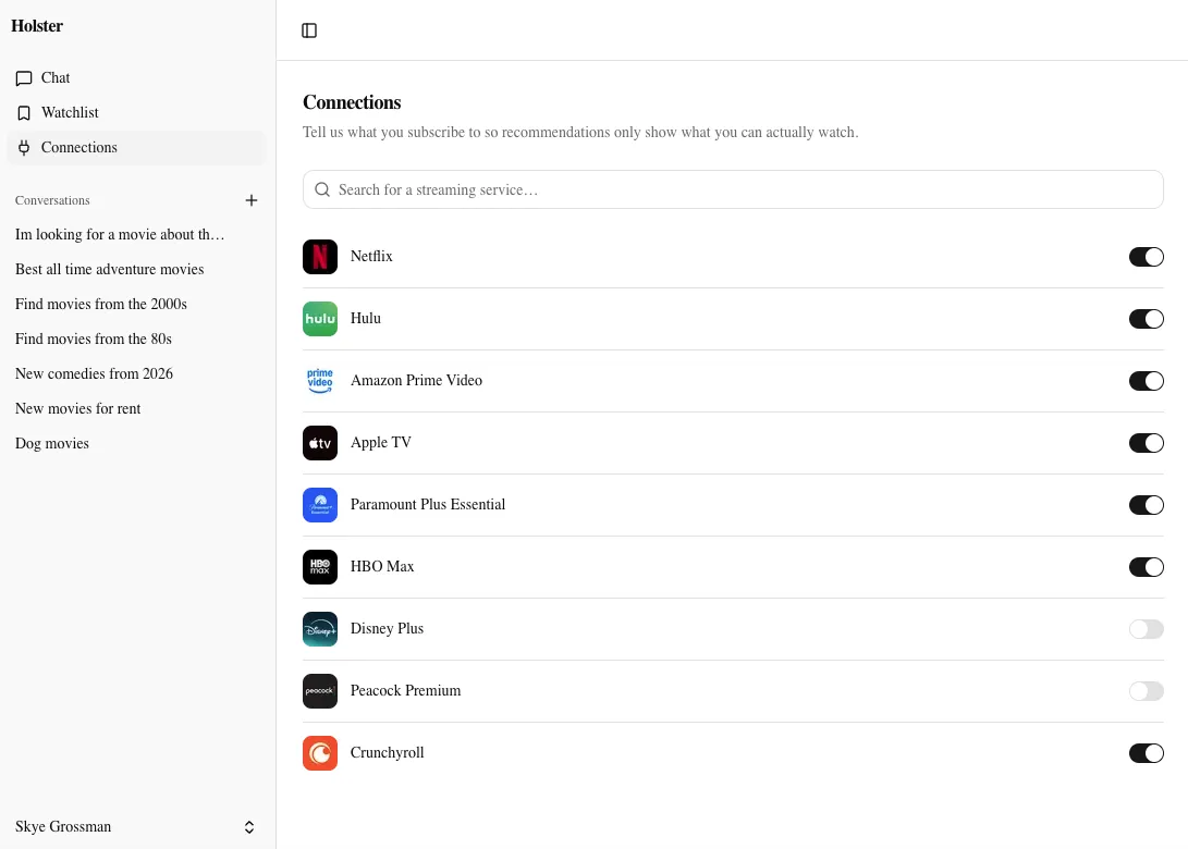 Holster's Connections page: a list of streaming services, from Netflix to Crunchyroll, each with a toggle for whether you subscribe