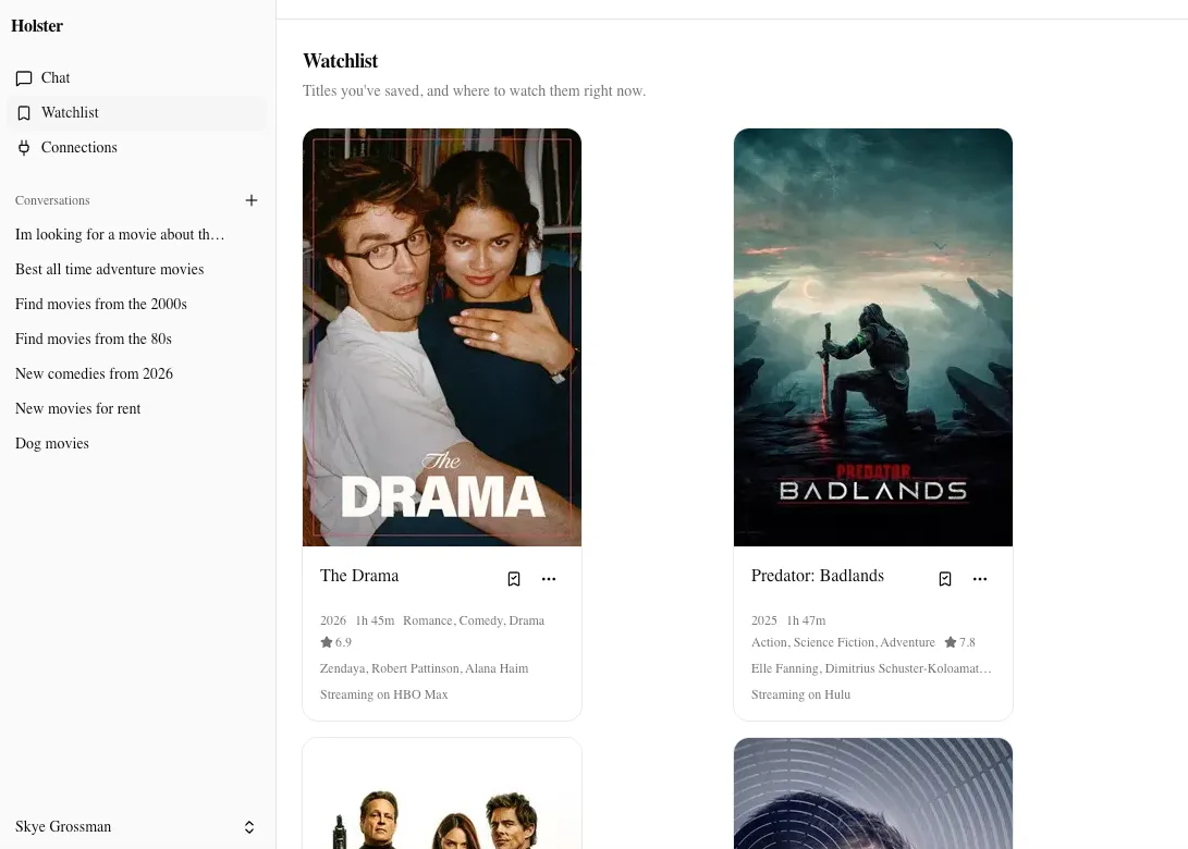Holster's Watchlist page: saved titles such as The Drama and Predator: Badlands, each with where to watch it